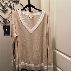 Belle by Kim Gravel Beige and White V-Neck Sweater- XL- NWOT